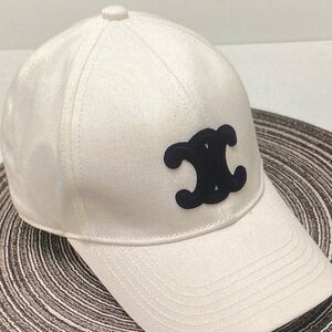 Celine Women's Cream Hat with Navy Emblem